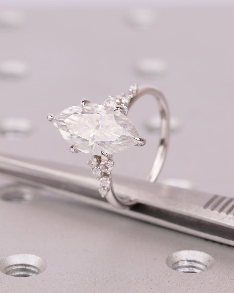 14k White Gold Marquise Moissanite Engagement Ring, Snowdrift Diamond Cluster Wedding Rings for Women, Unique Bridal Jewelry, Custom Ring image #1