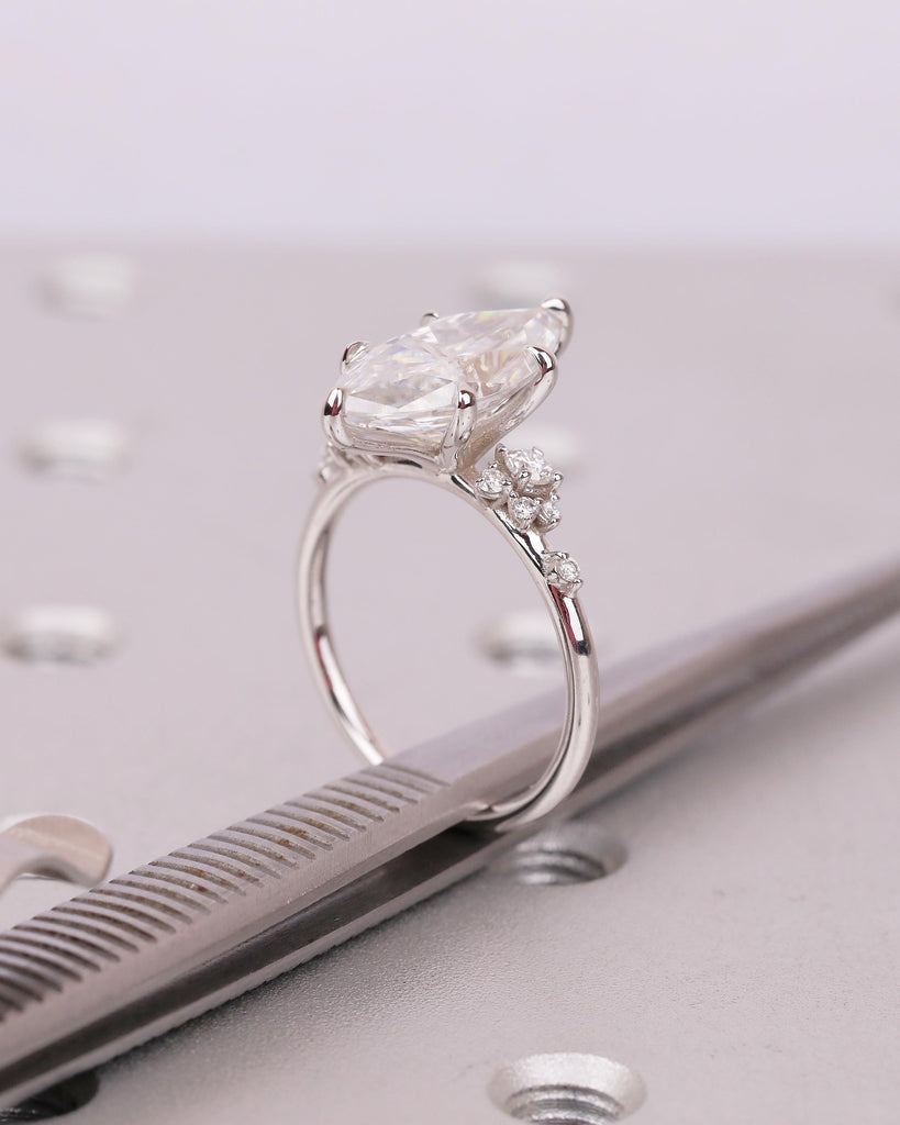 14k White Gold Marquise Moissanite Engagement Ring, Snowdrift Diamond Cluster Wedding Rings for Women, Unique Bridal Jewelry, Custom Ring image #5