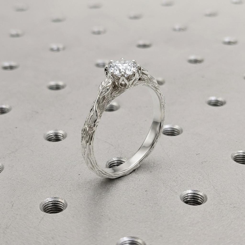 Dainty Olive Leaf Diamond Engagement Ring | Tulip Petal Setting Solid Gold Unique Proposal Ring | Twig Branch Handmade Bridal Jewelry image #3