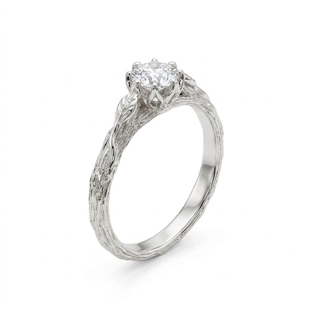Dainty Olive Leaf Diamond Engagement Ring | Tulip Petal Setting Solid Gold Unique Proposal Ring | Twig Branch Handmade Bridal Jewelry image #1