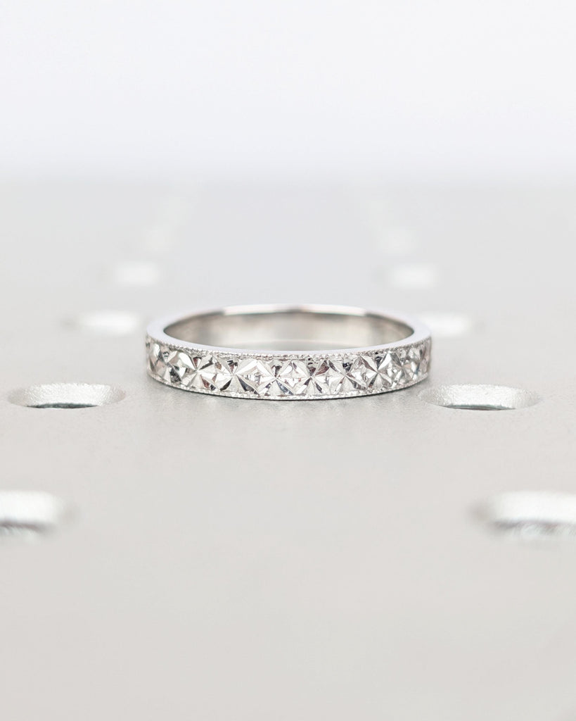 14K Solid Gold Engraved Wedding Band | Vintage Wedding Ring | Unique Hand-carved Floral Diamond Pattern | 3mm Dainty Stacking Ring for Women image #1