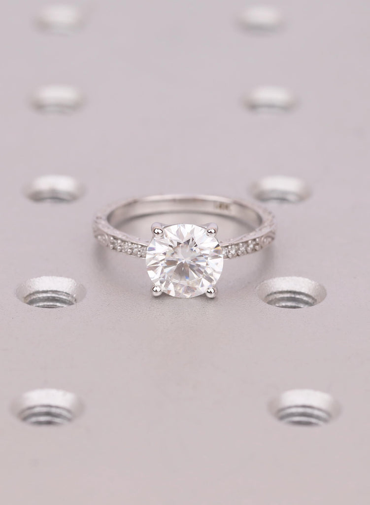 Round Cut 14K White Gold Lab Grown Diamond Engagement Ring, Art Deco Vintage Hand Engraved Filigree Ring, Solid Gold Jewelry For Women image #12