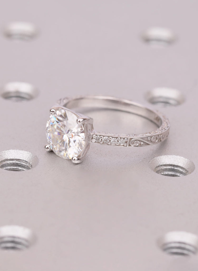 Round Cut 14K White Gold Lab Grown Diamond Engagement Ring, Art Deco Vintage Hand Engraved Filigree Ring, Solid Gold Jewelry For Women image #5
