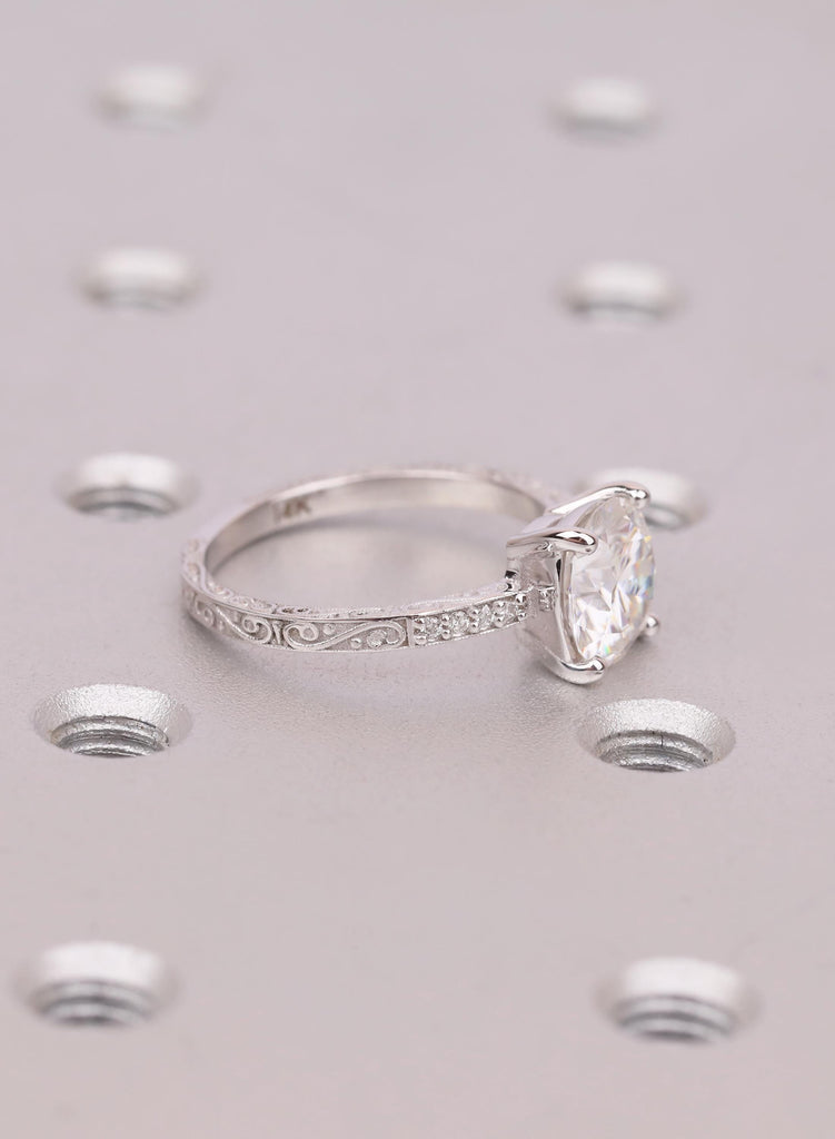 Round Cut 14K White Gold Lab Grown Diamond Engagement Ring, Art Deco Vintage Hand Engraved Filigree Ring, Solid Gold Jewelry For Women image #3