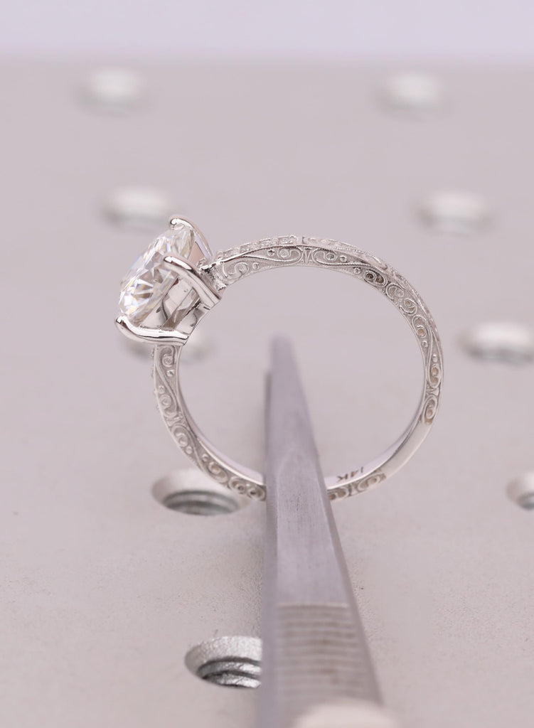 Lab Grown Diamond Engagement Ring, 14K White Gol,  Art Deco Vintage Style Filigree Pave Diamond Band image #8