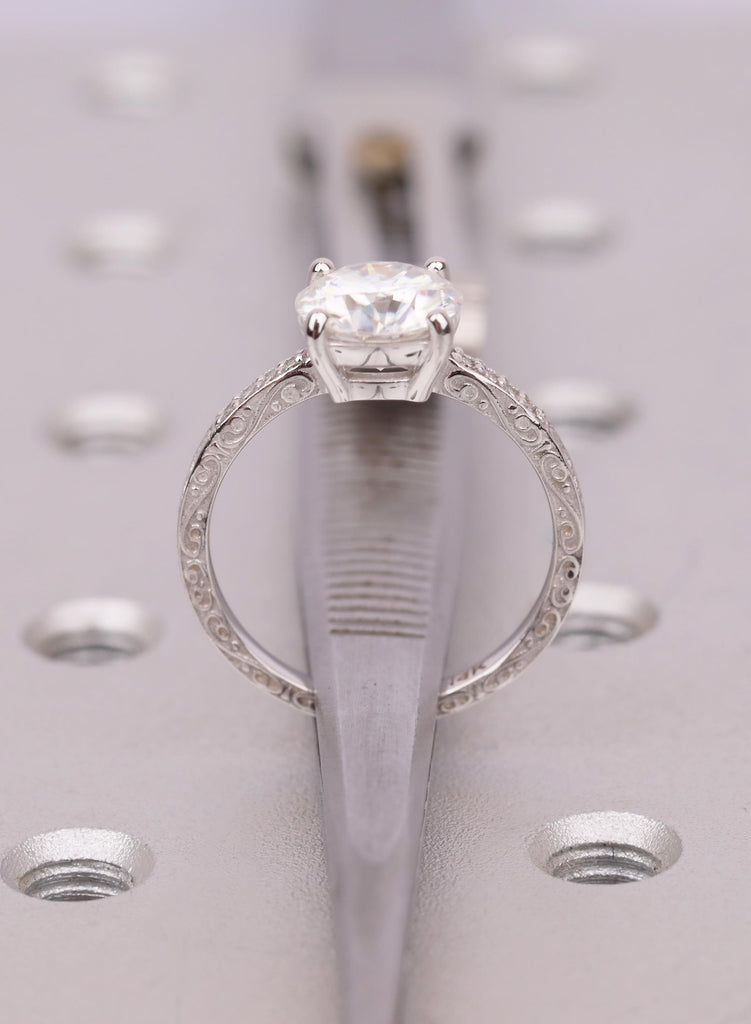 Lab Grown Diamond Engagement Ring, 14K White Gol,  Art Deco Vintage Style Filigree Pave Diamond Band image #10