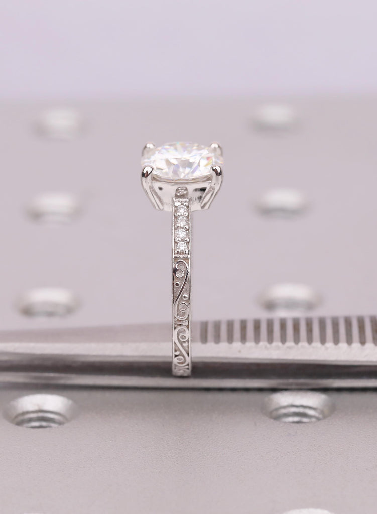 Lab Grown Diamond Engagement Ring, 14K White Gol,  Art Deco Vintage Style Filigree Pave Diamond Band image #11