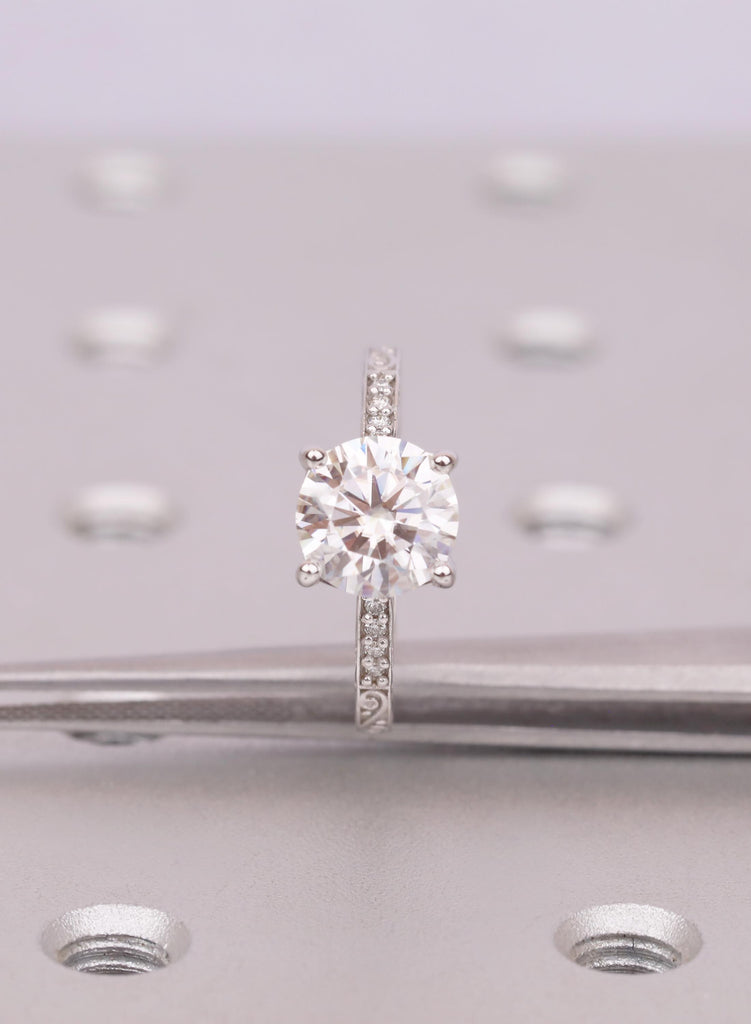 Vintage 2ct Round Cut Lab Diamond Engagement Ring, 14K White Gold, Filigree Style Band image #7
