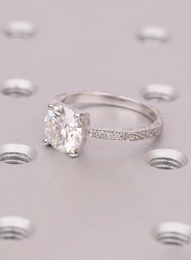 Vintage 2ct Round Cut Lab Diamond Engagement Ring, 14K White Gold, Filigree Style Band image #2