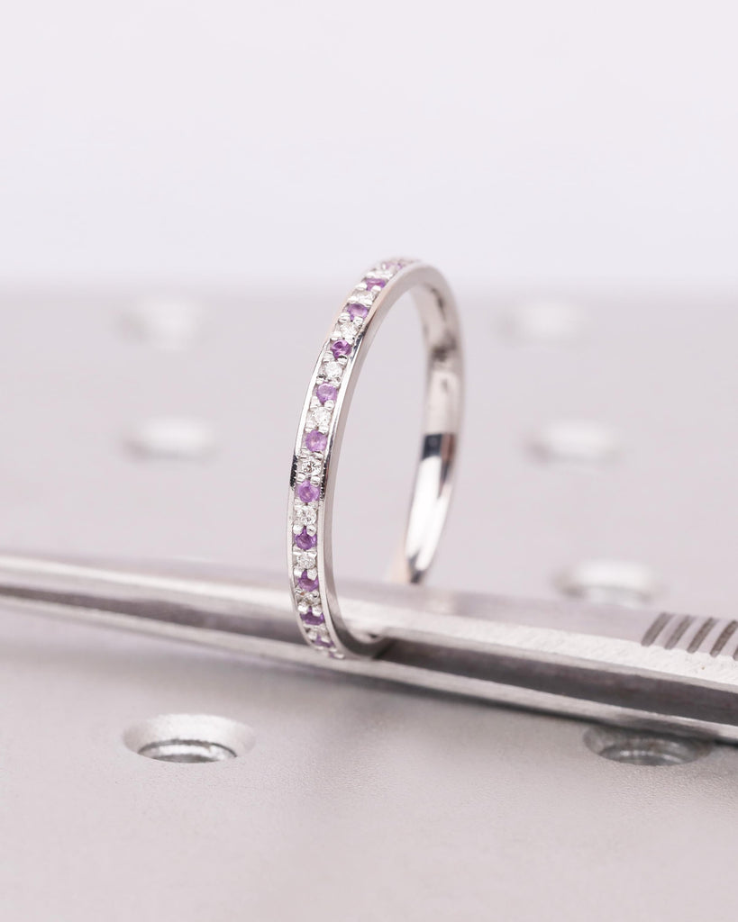Amethyst Wedding Band | 14K Solid Gold Genuine Purple Amethyst with Diamond Wedding Ring | Half Eternity Stacking Ring | February Birthstone image #6