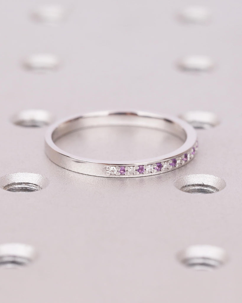 Amethyst Wedding Band | 14K Solid Gold Genuine Purple Amethyst with Diamond Wedding Ring | Half Eternity Stacking Ring | February Birthstone image #4