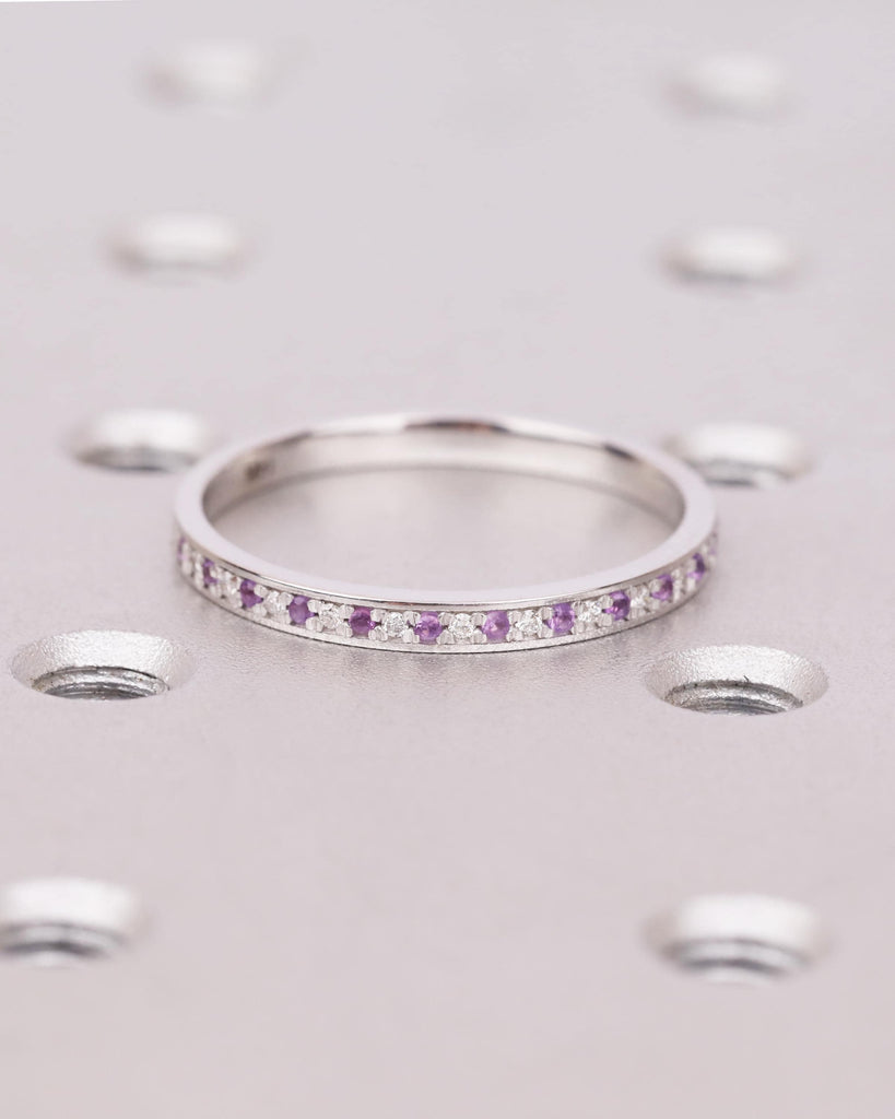 14k Solid White Gold Amethyst Wedding Band, Half Eternity Wedding Ring for Women, Dainty Stacking Ring, February Birthstone image #4