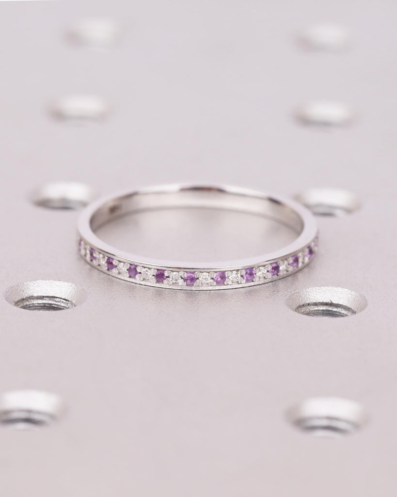 Amethyst Wedding Band | 14K Solid Gold Genuine Purple Amethyst with Diamond Wedding Ring | Half Eternity Stacking Ring | February Birthstone image #3