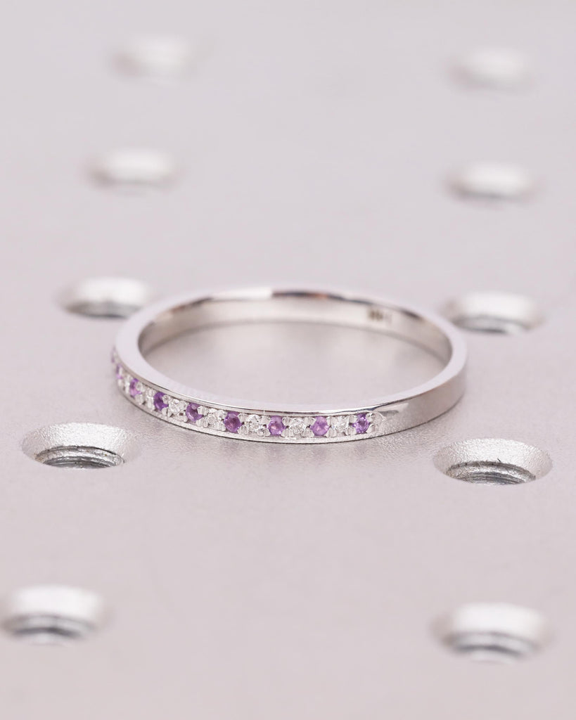 14k Solid White Gold Amethyst Wedding Band, Half Eternity Wedding Ring for Women, Dainty Stacking Ring, February Birthstone image #5