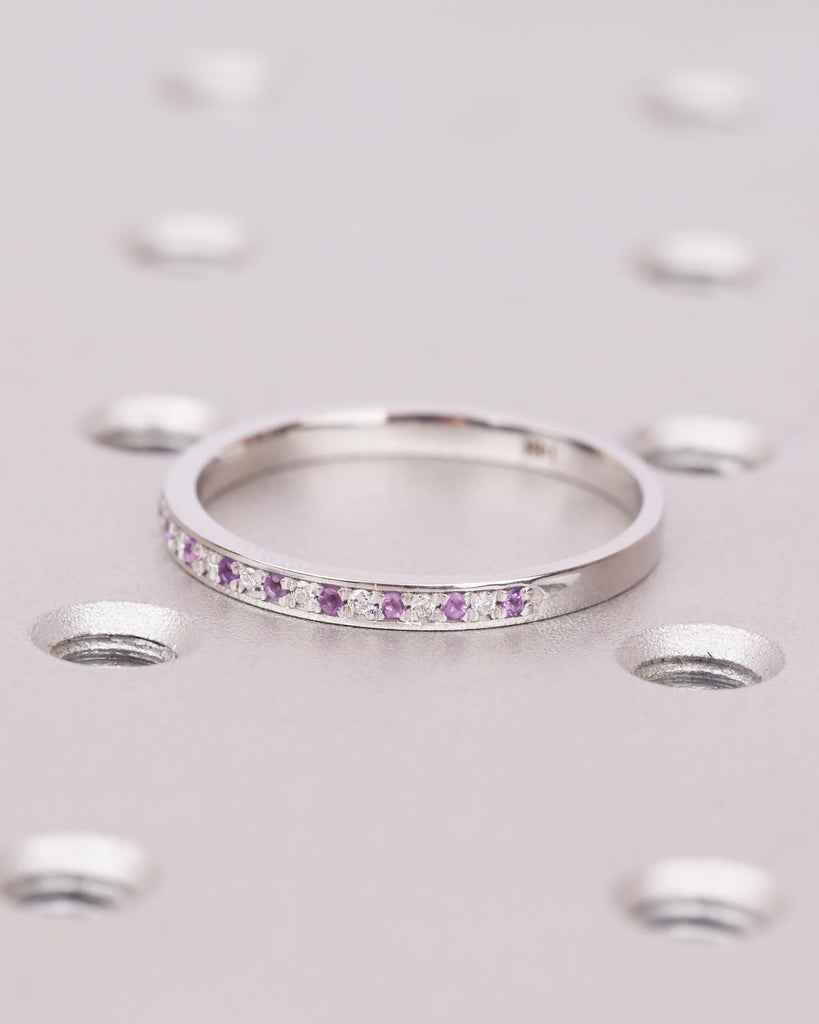 Amethyst Wedding Band | 14K Solid Gold Genuine Purple Amethyst with Diamond Wedding Ring | Half Eternity Stacking Ring | February Birthstone image #5