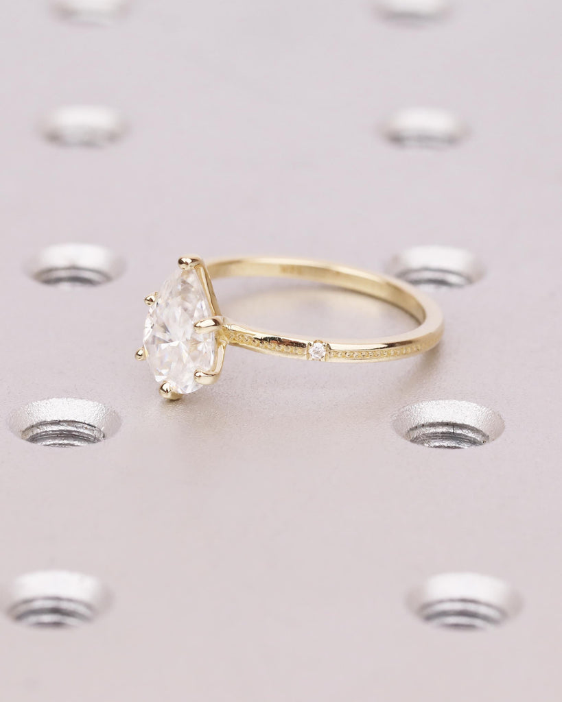 14K Solid Gold Moissanite Engagement Ring, Vintage Beaded Band with Accents, Solitaire Pear Shaped Ring, Dainty Bridal Ring image #4