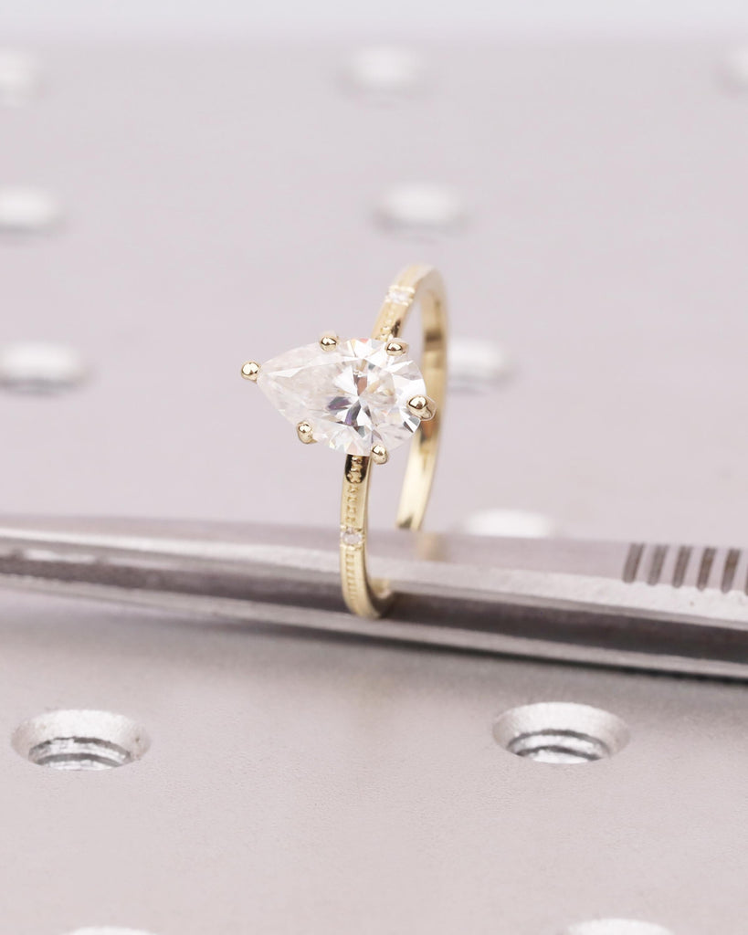 Pear Cut Moissanite Engagement Ring, 14K Solid Gold Vintage Beaded Milgrain Band, Solitaire Diamond Accent Wedding Ring, Dainty Promise Ring image #5