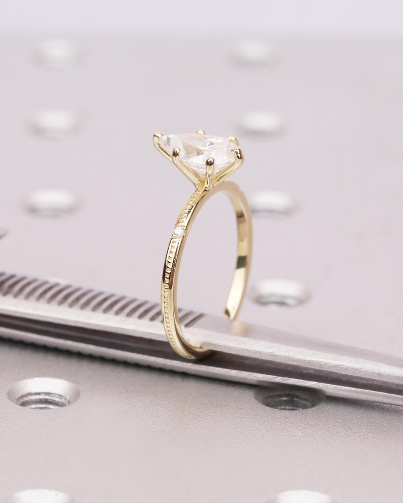Pear Cut Moissanite Engagement Ring, 14K Solid Gold Vintage Beaded Milgrain Band, Solitaire Diamond Accent Wedding Ring, Dainty Promise Ring image #9