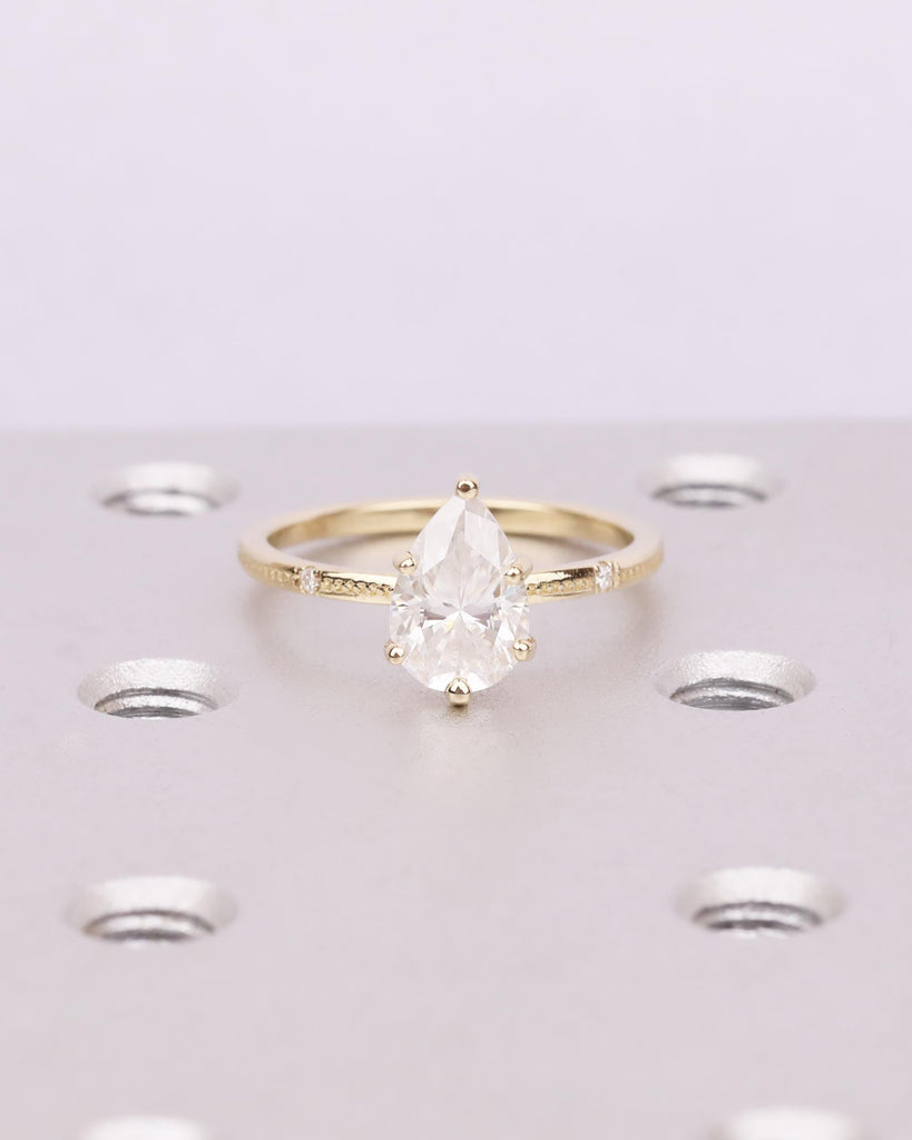 Pear Cut Moissanite Engagement Ring, 14K Solid Gold Vintage Beaded Milgrain Band, Solitaire Diamond Accent Wedding Ring, Dainty Promise Ring image #1