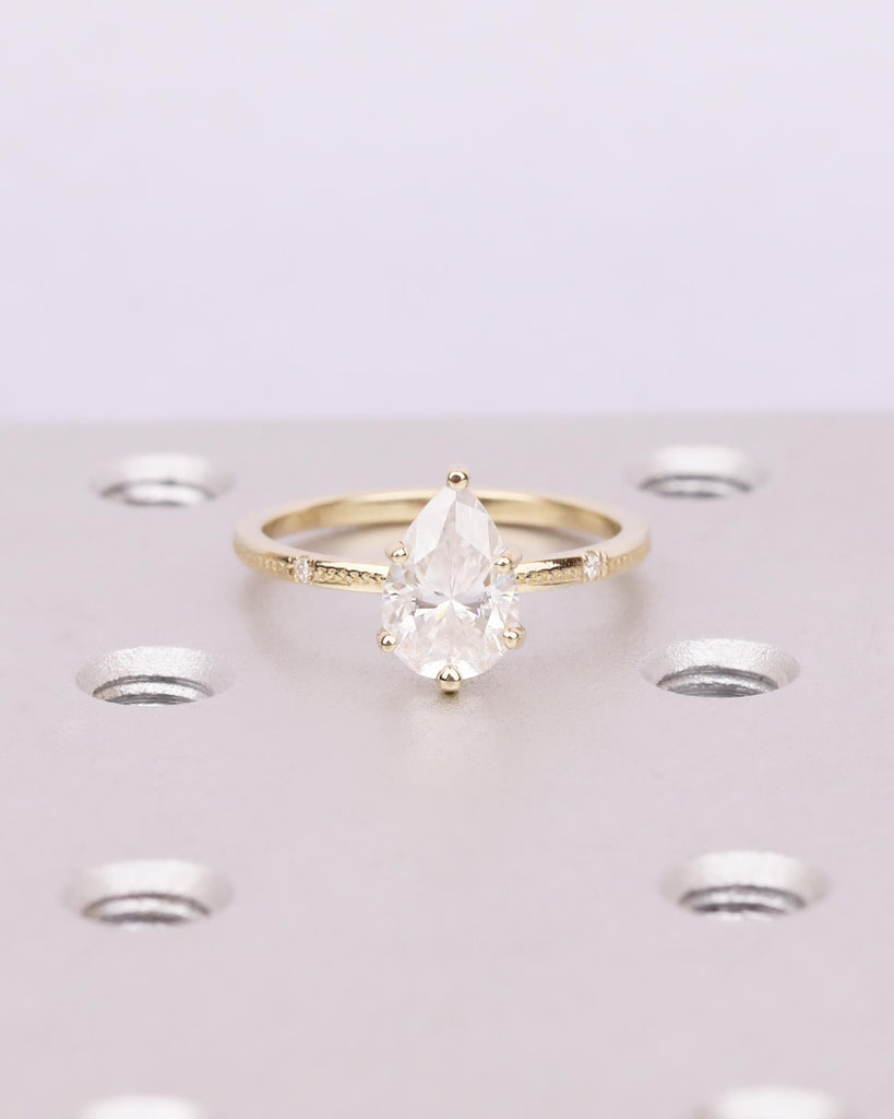 14K Solid Gold Moissanite Engagement Ring, Vintage Beaded Band with Accents, Solitaire Pear Shaped Ring, Dainty Bridal Ring image #2