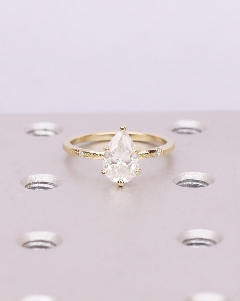 Pear Cut Lab Grown Diamond Engagement Ring | 14K Solid Gold Vintage Beaded Milgrain Band | Diamond Accent Wedding Ring | Dainty Promise Ring image #3