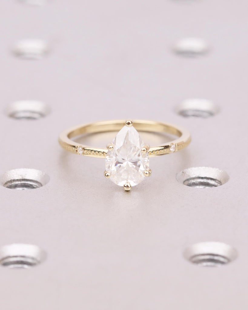 Pear Cut Lab Grown Diamond Engagement Ring | 14K Solid Gold Vintage Beaded Milgrain Band | Diamond Accent Wedding Ring | Dainty Promise Ring image #4