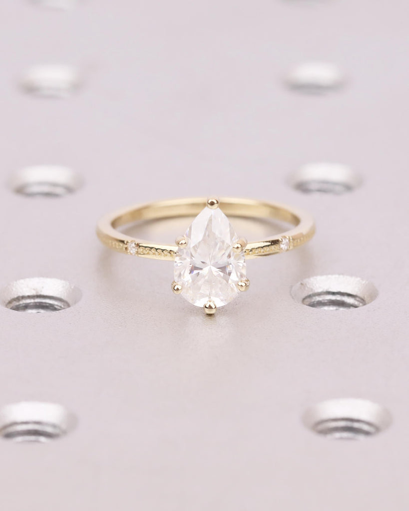 14K Solid Gold Lab Grown Diamond Engagement Ring, Vintage Beaded Band with Accents, Solitaire Pear Diamond Ring, Dainty Bridal Ring image #4