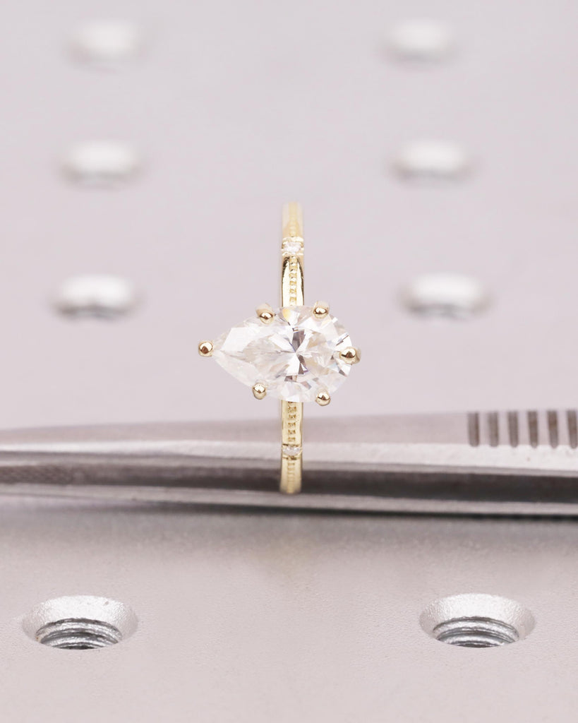 Pear Cut Lab Grown Diamond Engagement Ring | 14K Solid Gold Vintage Beaded Milgrain Band | Diamond Accent Wedding Ring | Dainty Promise Ring image #6