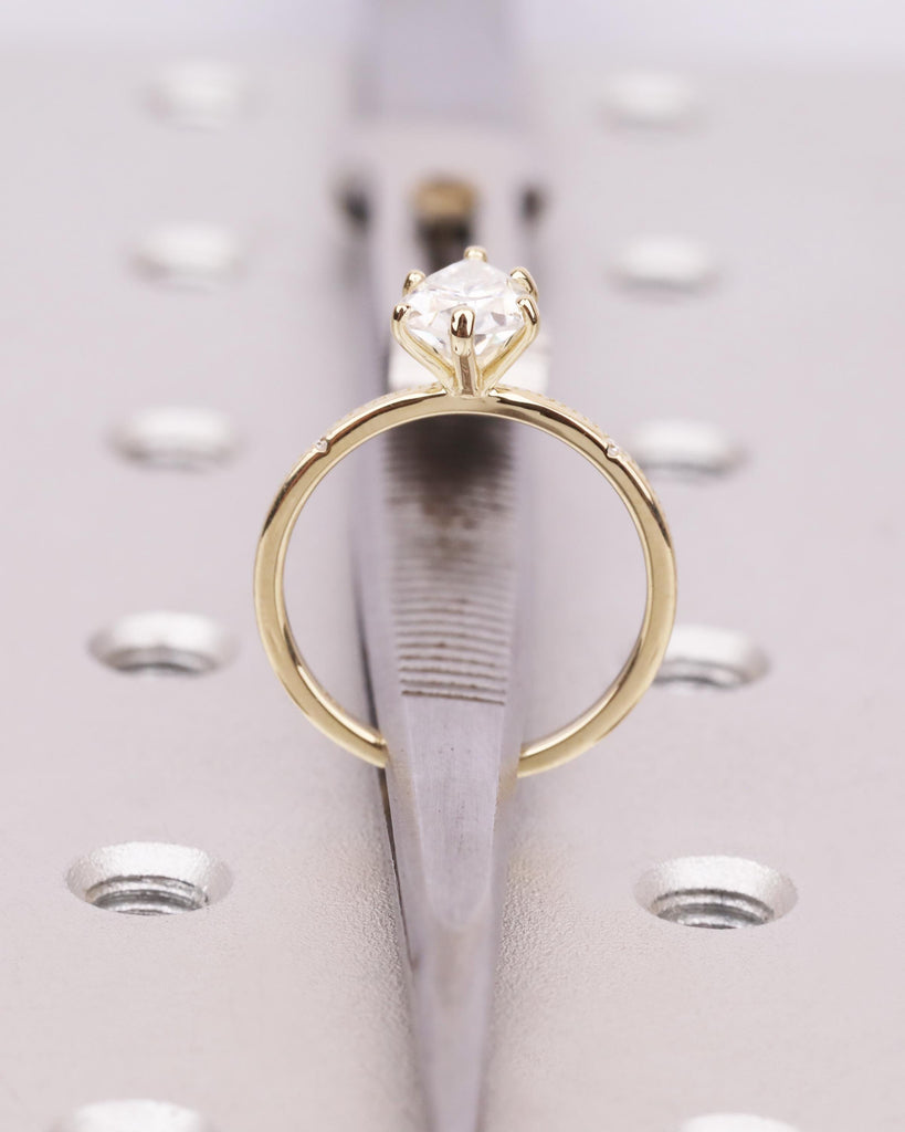 Pear Cut Lab Grown Diamond Engagement Ring | 14K Solid Gold Vintage Beaded Milgrain Band | Diamond Accent Wedding Ring | Dainty Promise Ring image #10