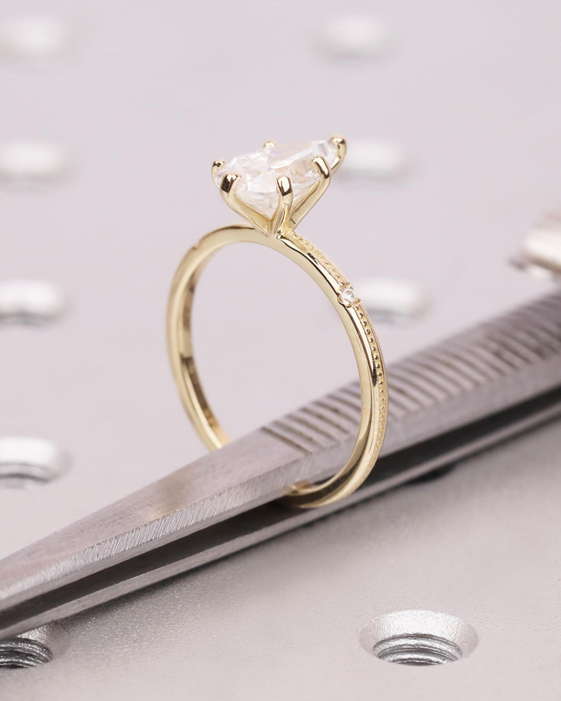 Pear Cut Lab Grown Diamond Engagement Ring | 14K Solid Gold Vintage Beaded Milgrain Band | Diamond Accent Wedding Ring | Dainty Promise Ring image #8