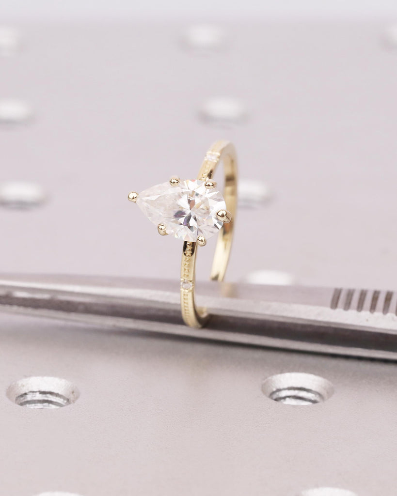 14K Solid Gold Lab Grown Diamond Engagement Ring, Vintage Beaded Band with Accents, Solitaire Pear Diamond Ring, Dainty Bridal Ring image #6