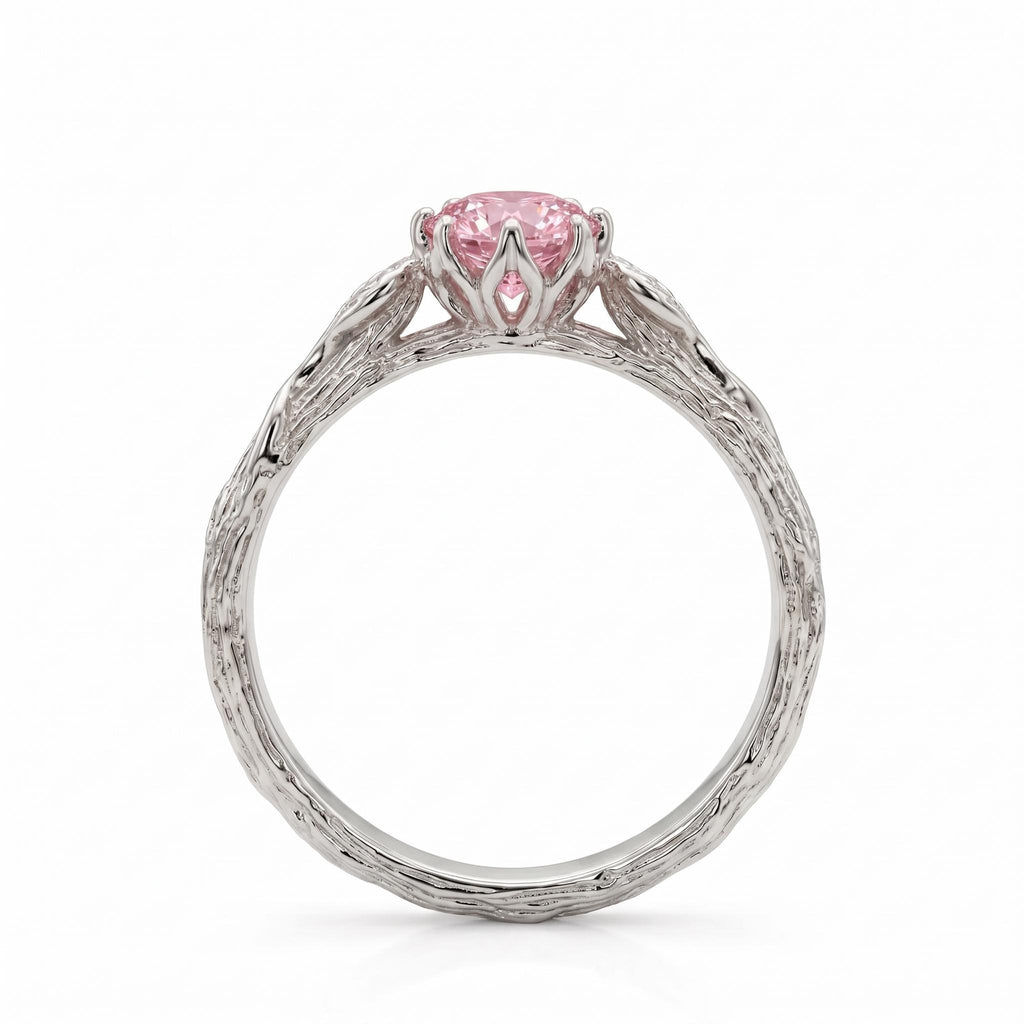 Olive Leaf and Vine Pink Gemstone Vintage Gold Bridal Jewelry | Round Lab Diamond Art Deco Promise Rings for Women image #3