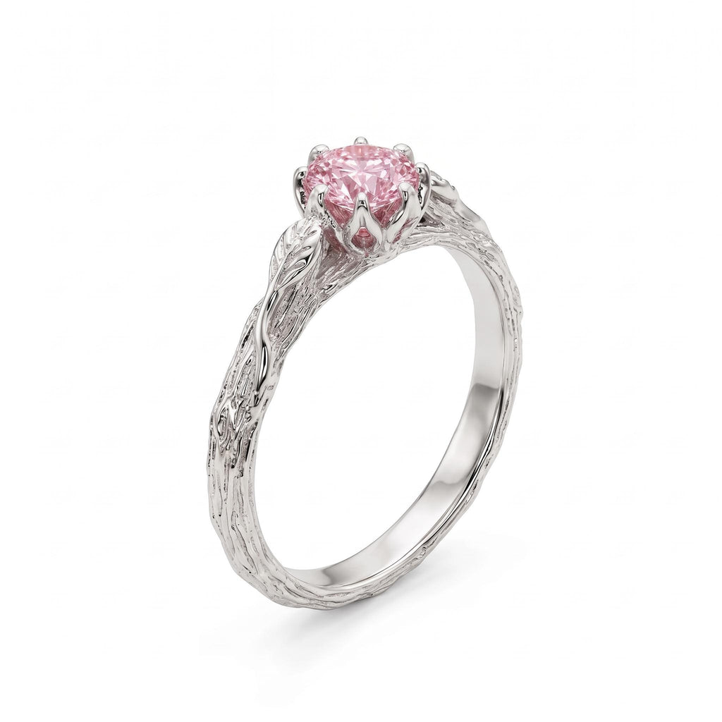 Olive Leaf and Vine Pink Gemstone Vintage Gold Bridal Jewelry | Round Lab Diamond Art Deco Promise Rings for Women image #4