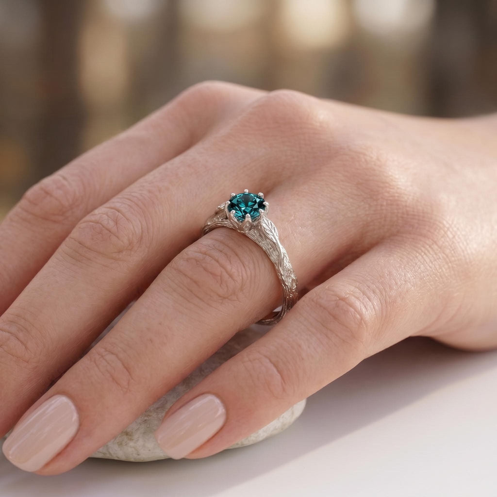 Dainty Olive Leaf Vintage Sapphire Gold Rings for Women | Unique Blue Green Gemstone Proposal Ring | September Birthstone Ring image #1