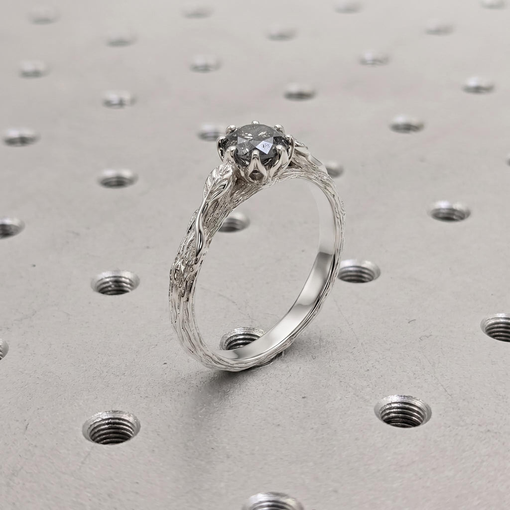 14k White Gold Raw Salt and Pepper Diamond Proposal Ring for Her | Round cut Ring Nature Inspired Wedding Anniversary Gift image #2