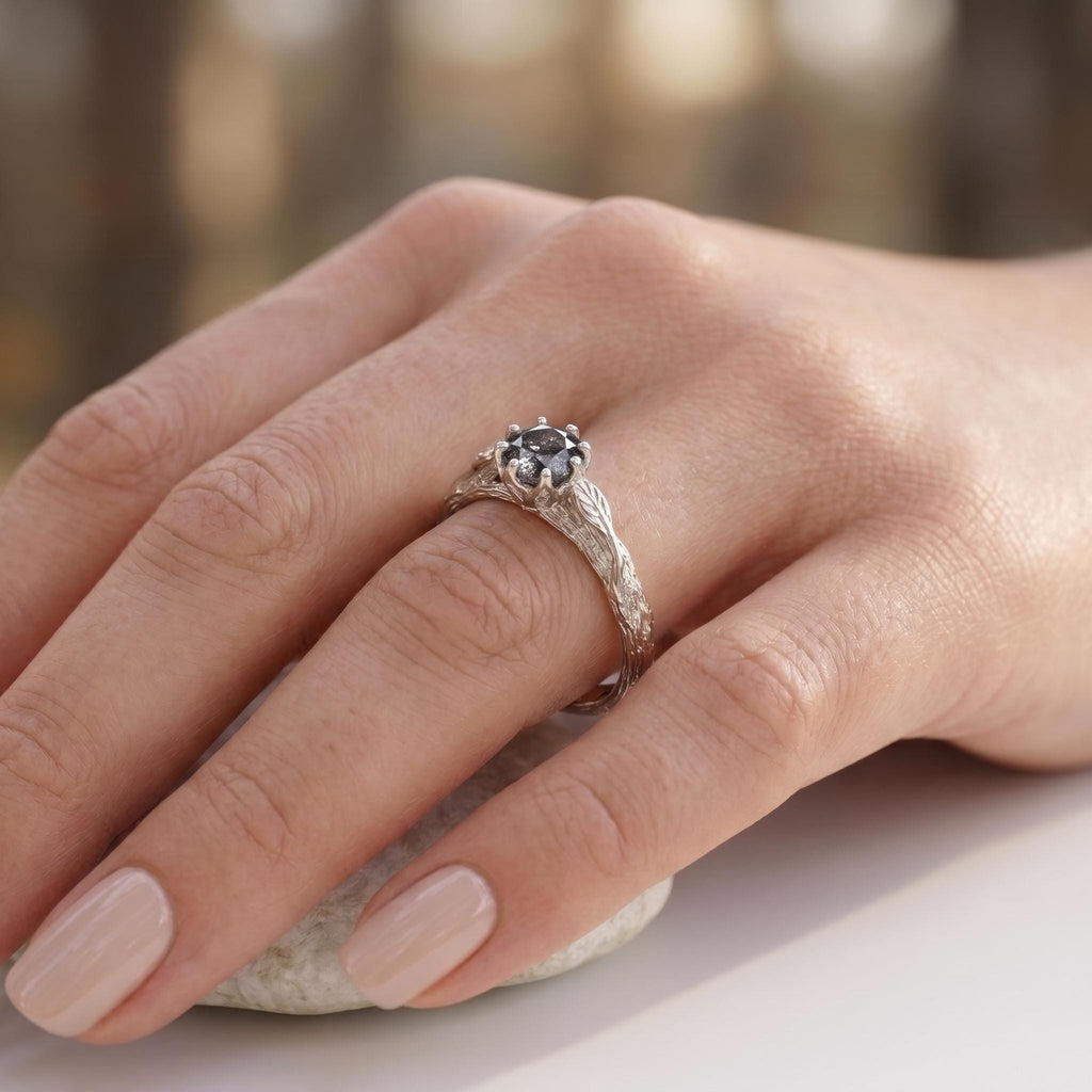 0.5ct Natural Black Diamond Solitaire Ring | 14k White Gold Rings for Women