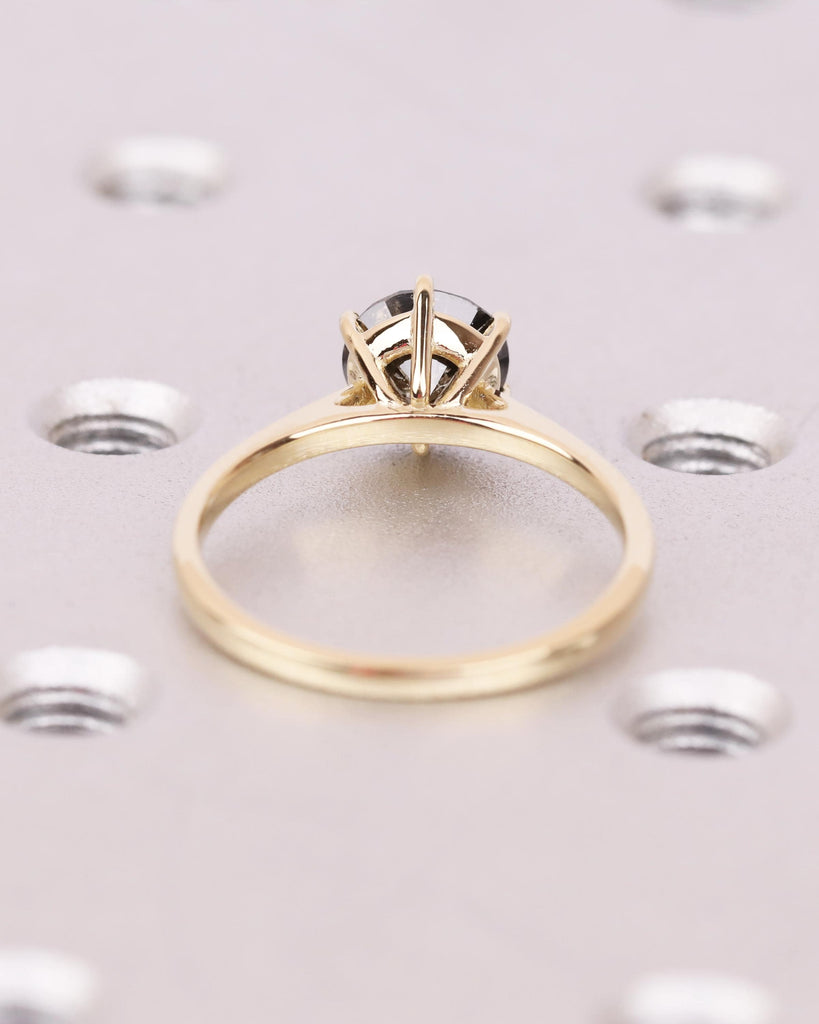 Round Solitaire Salt And Pepper Diamond Engagement Ring, 14K Solid Gold Vintage Wedding Ring, 6 Prong Cathedral Setting, Unique Vintage Ring image #8