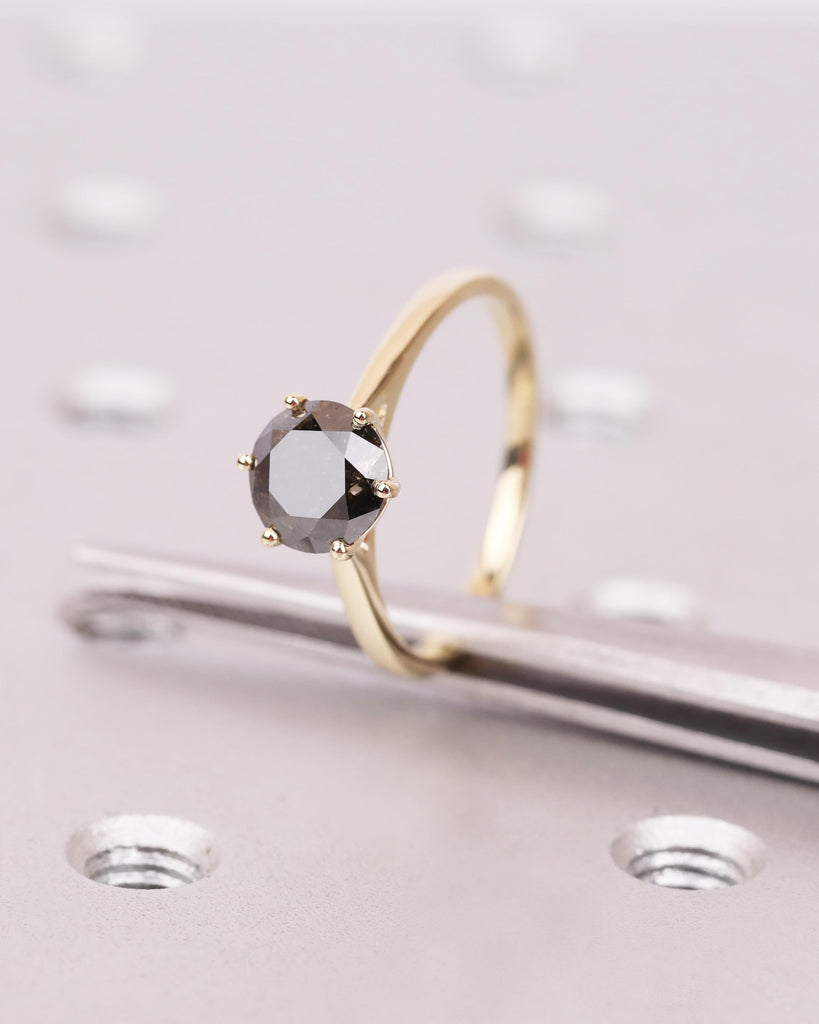 Round Solitaire Salt And Pepper Diamond Engagement Ring, 14K Solid Gold Vintage Wedding Ring, 6 Prong Cathedral Setting, Unique Vintage Ring image #7
