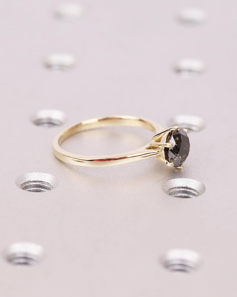 Round Solitaire Salt And Pepper Diamond Engagement Ring, 14K Solid Gold Vintage Wedding Ring, 6 Prong Cathedral Setting, Unique Vintage Ring image #6