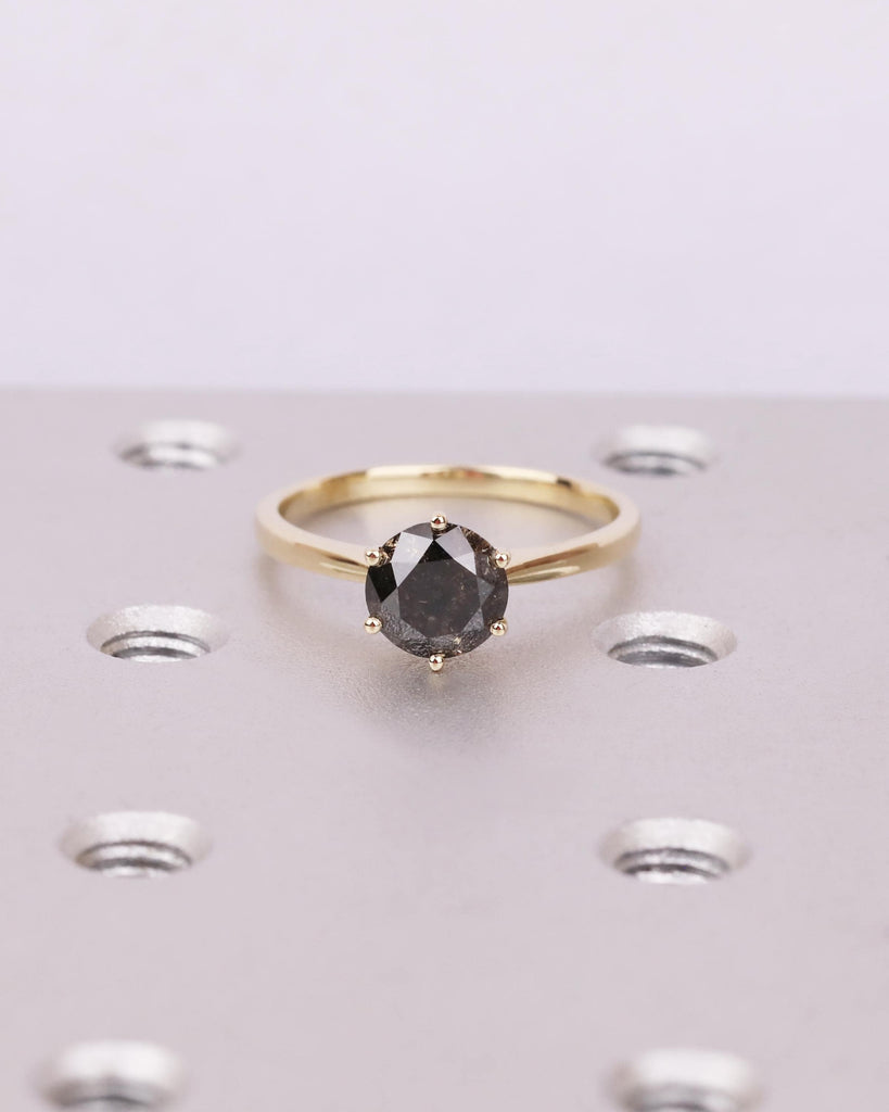 Salt and Pepper Solitaire Diamond Engagement Ring, 6 Prong Cathedral Setting, Minimalist Gold or Platinum Bridal Ring image #2