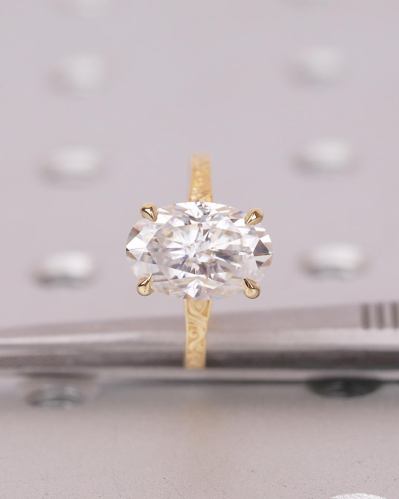 Vintage Oval Lab Created Diamond Engagement Ring, 18k Yellow Gold Scrollwork Band, Solitaire Wedding Rings for Women, Anniversary Jewelry image #9