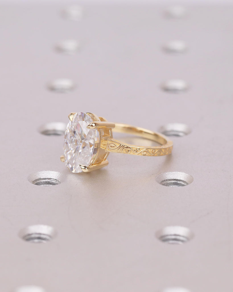 Vintage Oval Lab Created Diamond Engagement Ring, 18k Yellow Gold Scrollwork Band, Solitaire Wedding Rings for Women, Anniversary Jewelry image #3