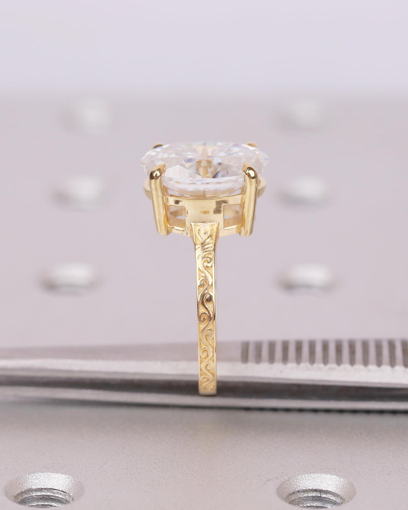 Vintage Oval Lab Created Diamond Engagement Ring, 18k Yellow Gold Scrollwork Band, Solitaire Wedding Rings for Women, Anniversary Jewelry image #8