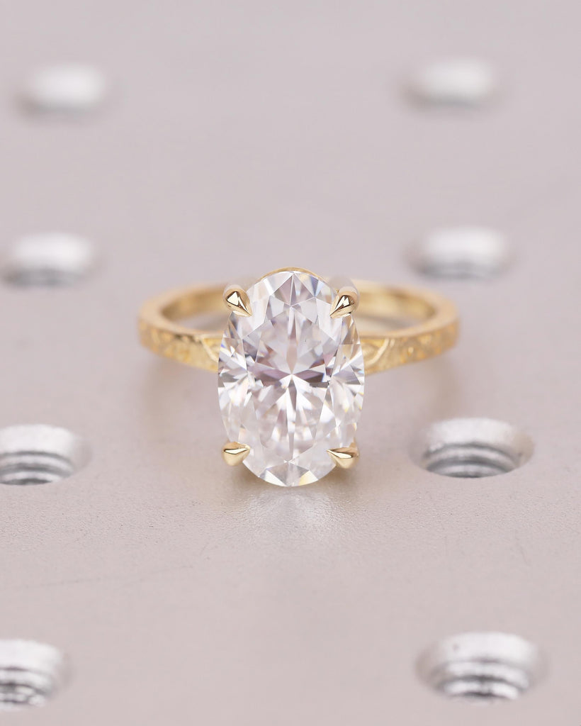 18k Yellow Gold Solitaire Moissanite Ring, Oval Engagement Ring, Filigree Band, Talon Prong Setting image #9