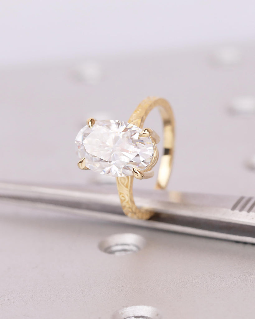 18k Yellow Gold Solitaire Moissanite Ring, Oval Engagement Ring, Filigree Band, Talon Prong Setting image #4