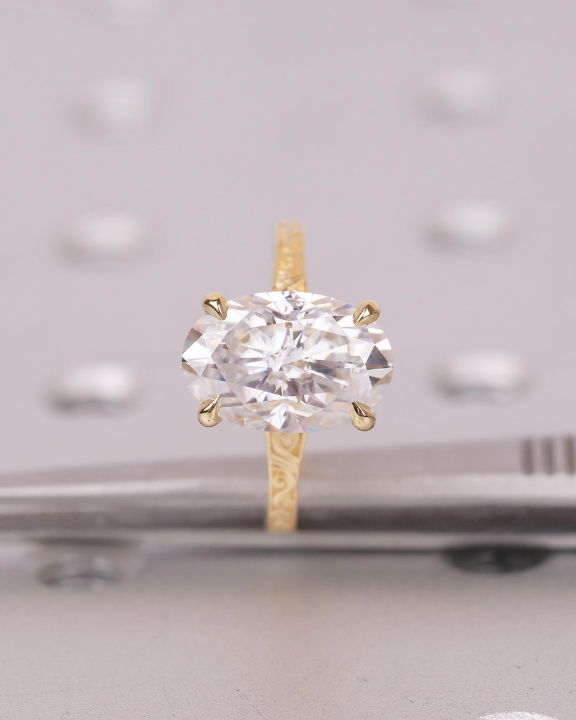 18k Yellow Gold Solitaire Moissanite Ring, Oval Engagement Ring, Filigree Band, Talon Prong Setting image #8