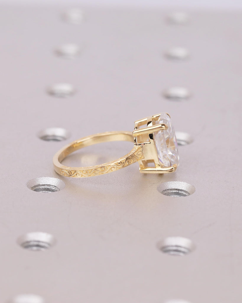 Vintage Oval Lab Made Diamond Engagement Ring, Minimalist 18k Yellow Gold Engraved Ring image #10