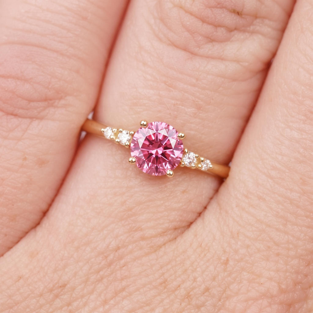 0.5ct Pink Lab Diamond Engagement Ring | 14k/18k Gold Simple Diamond Wedding Ring | Round Cut Ring | Unique Birthday Gift for Wife image #1