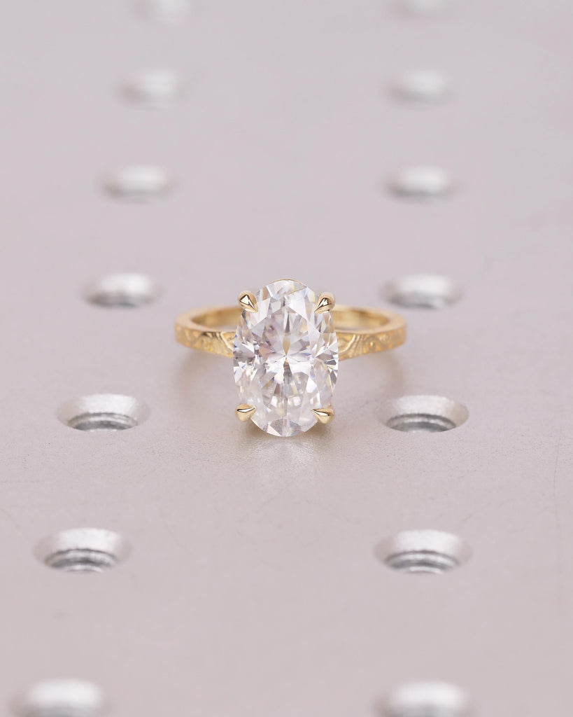 Vintage Oval Lab Created Diamond Engagement Ring, 18k Yellow Gold Scrollwork Band, Solitaire Wedding Rings for Women, Anniversary Jewelry image #1