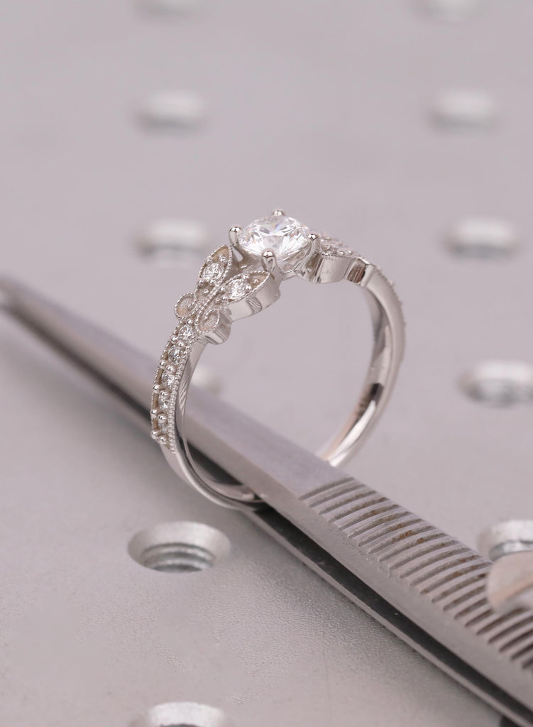 Round Cut Vintage Art Deco Butterfly Wedding Ring, Lab Grown Diamond, Nature Inspired Milgrain Anniversary Ring, Antique Style Promise Ring image #10